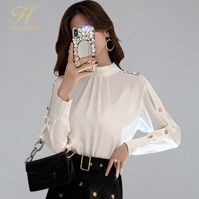 

H Han Queen 2020 Autumn Half Turtle-neck White Shirts Women Golden Buttons Business Shirt Full Sleeve Casual Work Wear Blouse