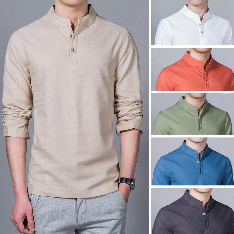 

2020 New Men Spring Cotton Linen Kimono Shirt Long Sleeve Solid Leisure Chinese Clothes Casual Stand Collar Shirts, Green