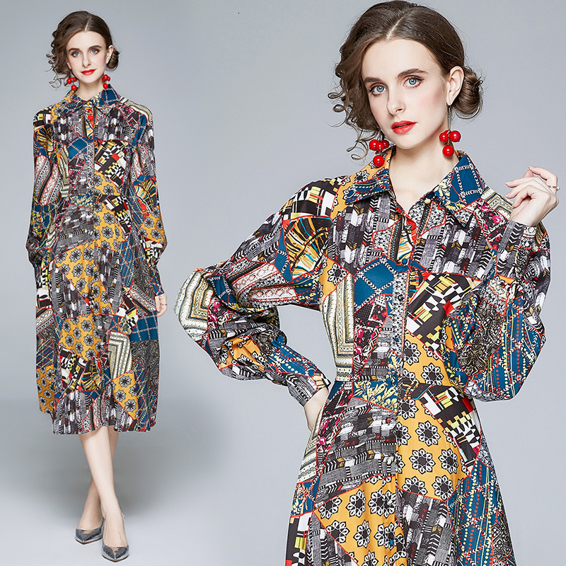 

2021 New Runway Vintage Midi Women's Long Lantern Sleeve Ethnic Print A-line Elegant Slim Jurken Zomer Kyit, Design and color