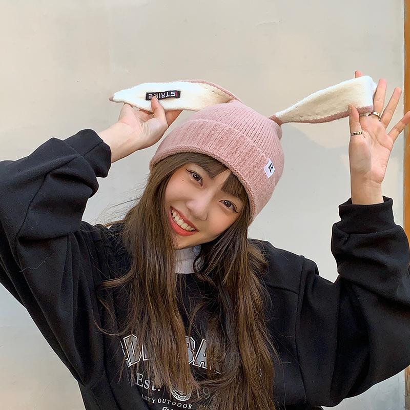 

autumn 2021 winter hats for women harajuku korean fashion friends vintage sweet kawaii ears warm knitted woolen hat women, White