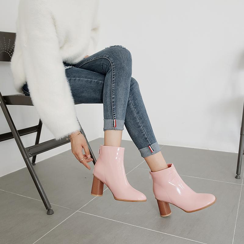 

Hot sale newest patent leather zipper round toe high strange style solid outside fashion sexy Autumn Winter Ankle Boots A254, Black