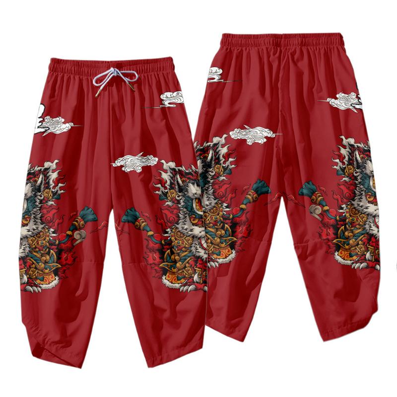 

Men's Pants Hip-hop Men Fashion Chinese Style Red Print Harem Streetwear Casual Joggers Trousers Sweatpants, Black
