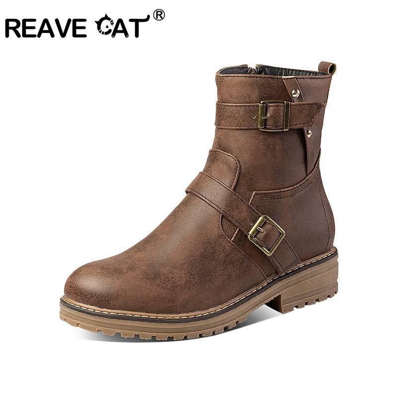 

REAVE CAT Retro low heel Ankle boots for women motorcycle Zipper Med heel riding boots Western Booties big size 44, Hese