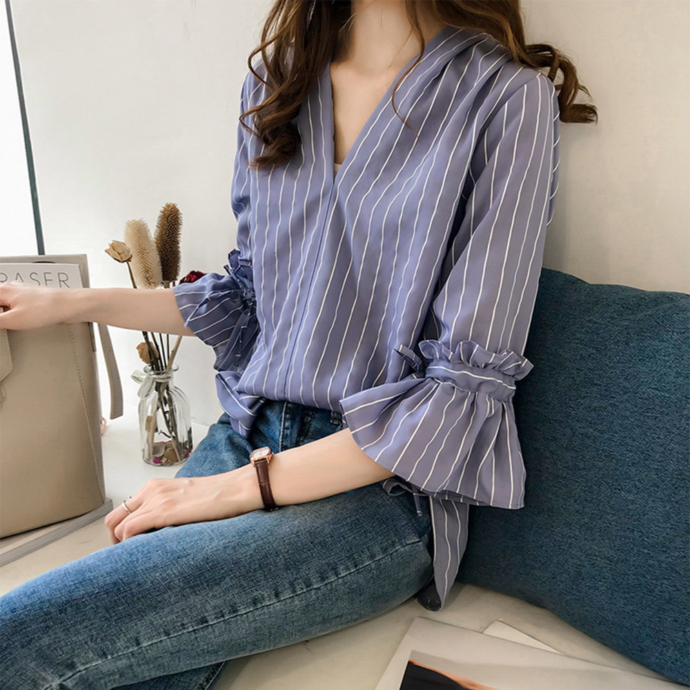 

2021 Korean Stripe White/blue Blouse Women Fashion Office Lady Shirt Flare Sleeve Pullover Loose Tops Spring New Q9IX