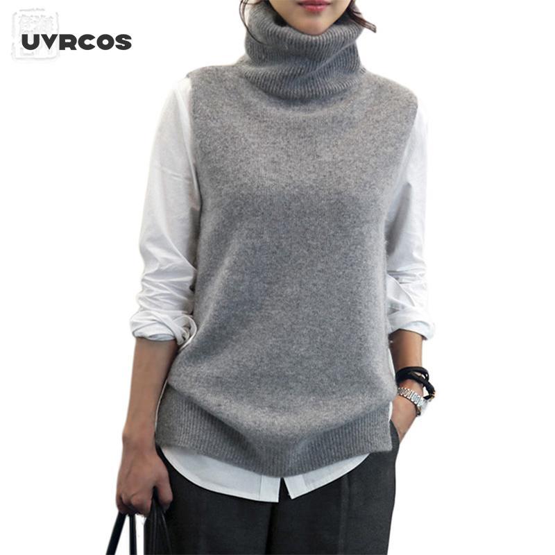 

UVRCOS Women's Knitted Cashmere Wool Turtleneck Vest Side Slit Winter Female Wool Sweater Sleeveless Waistcoat Vogue, Black