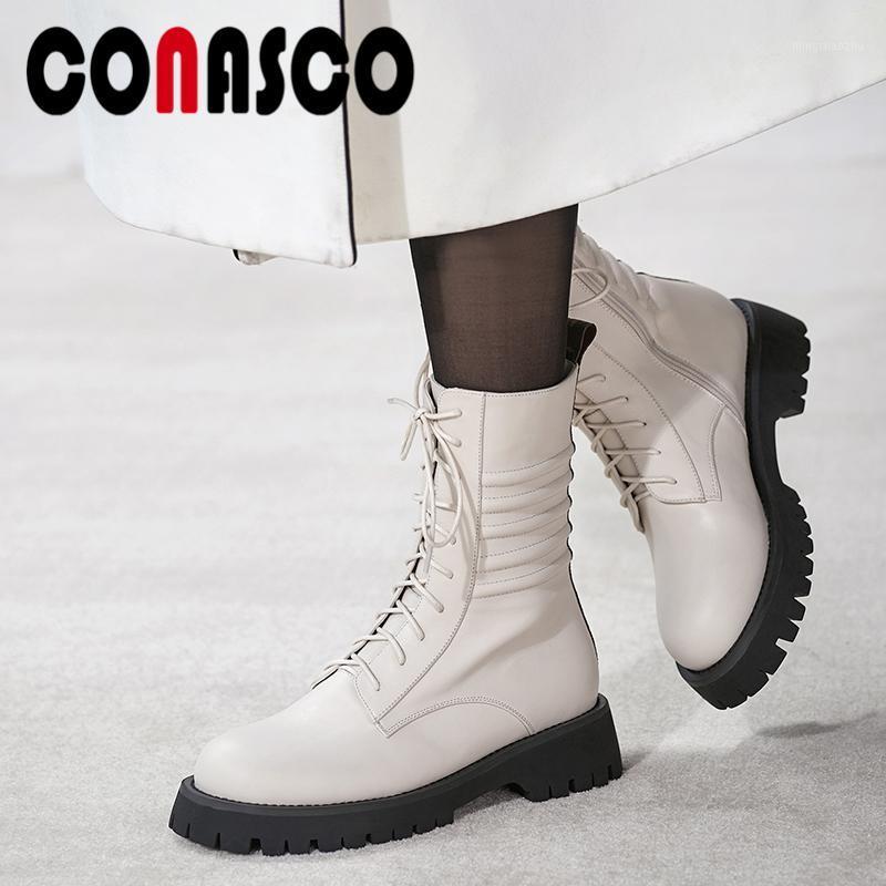 

CONASCO Autumn Winter Platforms Women Mid-Calf Boots Genuine Leather Shoes Woman Motorcycle Boots Cross-Tied Side Zipper1, Black