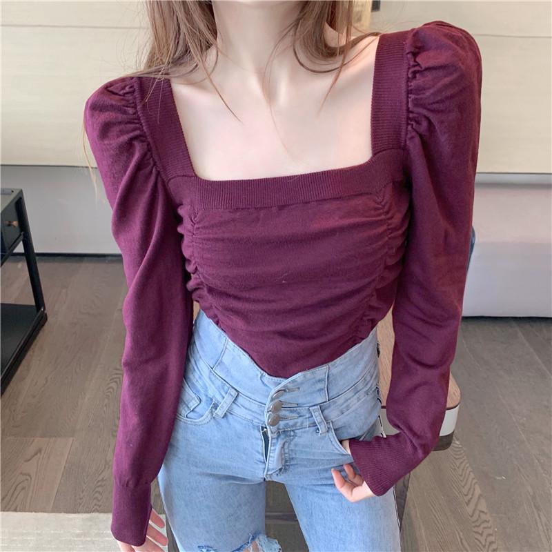 

HKCP Fashion Sweaters Women Office Lady Bottoming Sexy Slash Neck Fold Casual Long Sleeve Knitted Pullovers Autumn 2020 New, Black