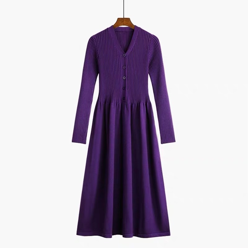 

2021 New Autumn Winter Knit Long Women Casual V-neck Slim Robe Sweater Dresses Office Lady Thick Maix Dress Lmje, Purple