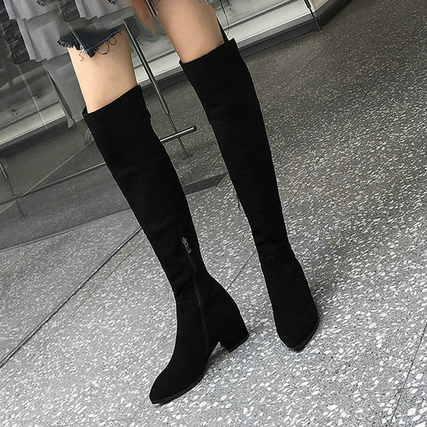 

Was 2020 short stuffed shoes zip on her knee cow suede square high heels autumn boots for elegant woman 34-39, Black