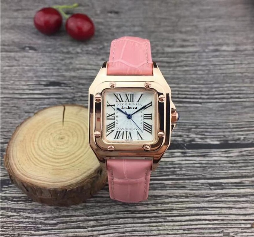 

New Popular Casual Square Dial Face Women watch Black Brown Red Leather strap Wristwatch Lady watches Dress watch 32mm, As pic