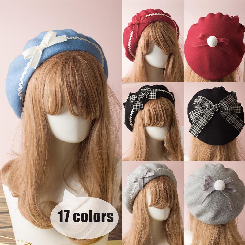 

Berets 17 Colors Girls Bowknot Sailor Style Lolita Wool Blend Hat Women Plaids Stripe Preppy Chic College Students Cap, 04