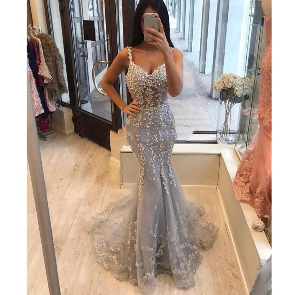 

2021 New Modest Grey Light Mermaid Lace Frizzy Gowns Evening Gown Abiye Soiree Robe Dressed As Party Dress YWVM