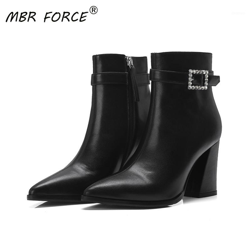 

MBR FORCE 2020 new simple autumn and winter zipper crystal shoes high heel leather beef tendon non-slip sole ladies ankle boots1, Black single layer