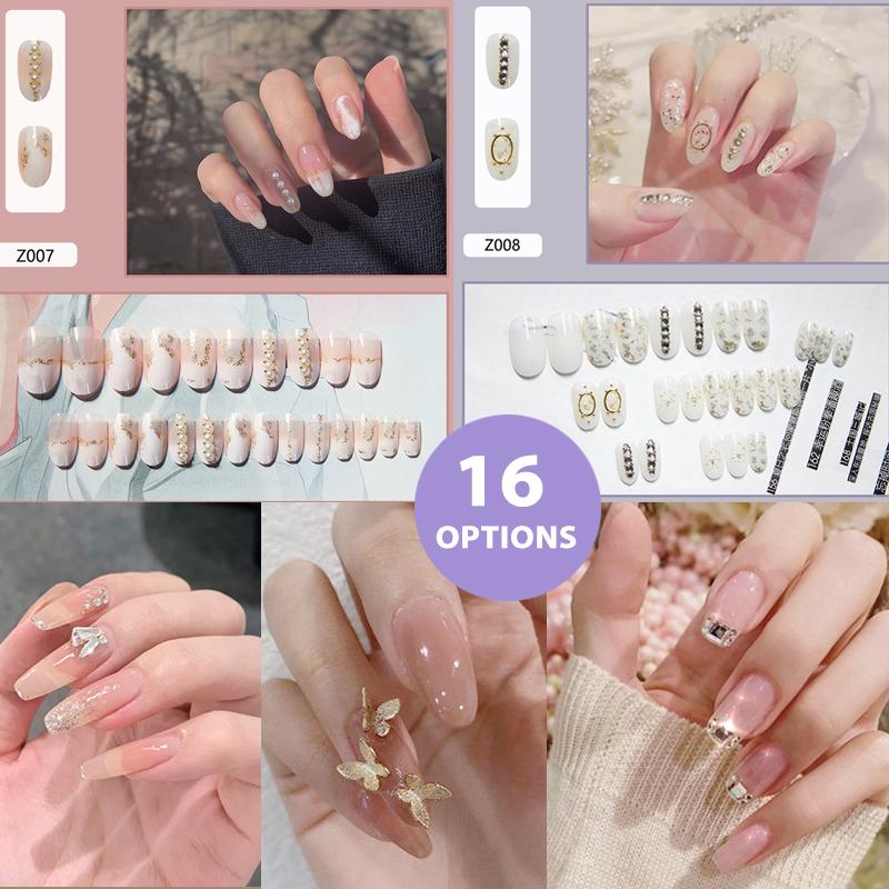 

24pcs/box False Nails Art Diamond Glitter Butterfly Press on Nails Medium Length French Artificial Tips Fake with Design, Z003