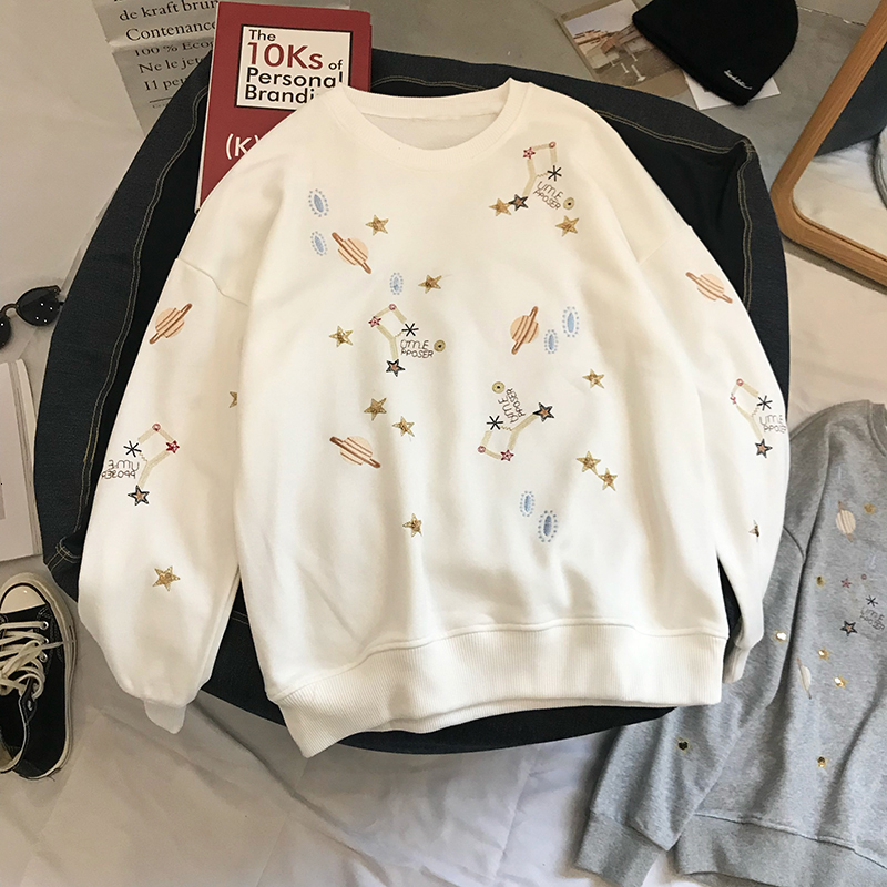 

New 2021 Spring Long Sleeve O-neck Embroidery Warm Oversize Style White Hoodies Women Tops A0sr