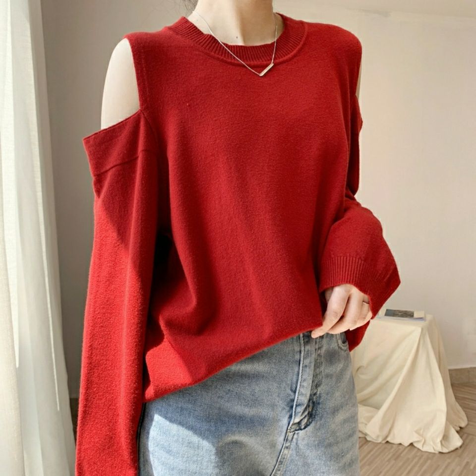 

Sexy off female upper shoulder 2020 spring and new big-sized autumn loose around the neck sweater shirt, White