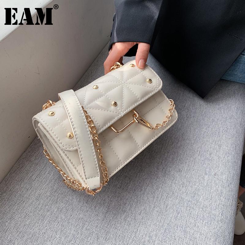 

[EAM] Women New Rivet Chains Square PU Leather Flap Personality All-match Crossbody Shoulder Bag Fashion Tide 2021 18A1649, White