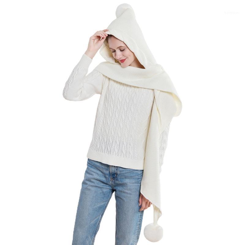

Women Winter Hooded Hat Scarf Cute Pompom Crochet Knit Shawl Wrap Outdoor Windproof Blanket Earflap Cap Neck Warmer1