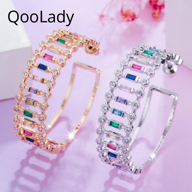

QooLady Gorgeous Rose Gold Big Round Multicolor Cubic Zirconia Crystal Wide Circle Hollow Hoop Earrings for Women Jewelry E055