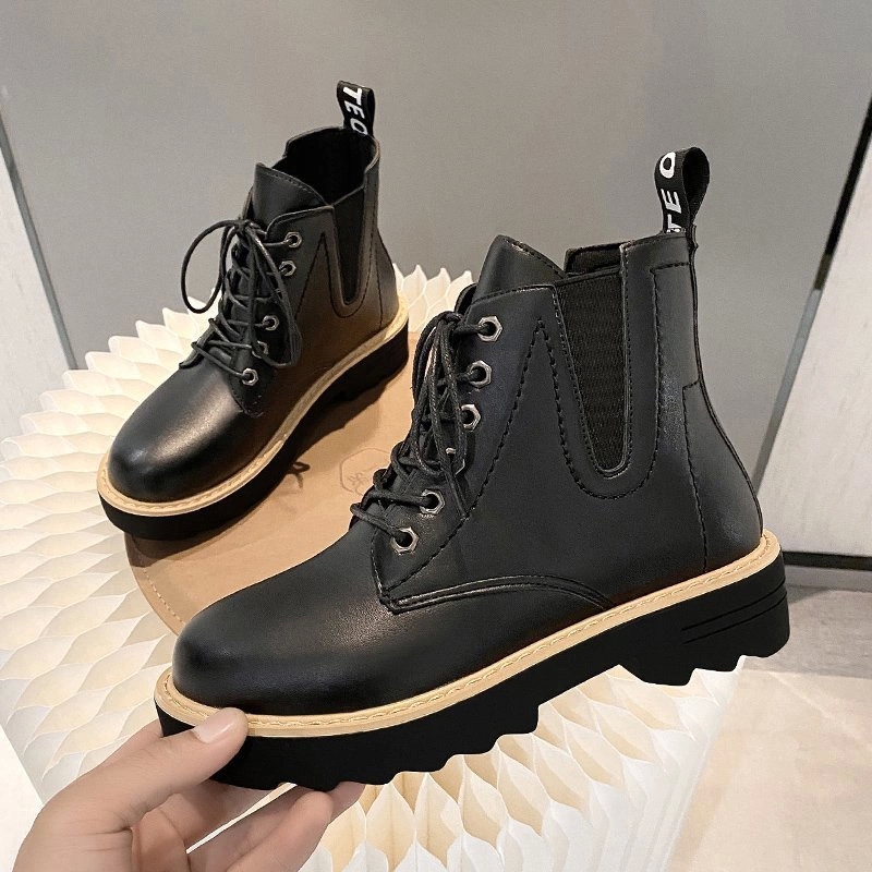 

Women Boots Elastic Band Ladies Platform Non Slip Ankle Boots Female PU Leather Shoes Woman Comfortable Fashion Style Footwear #tW5D, Black