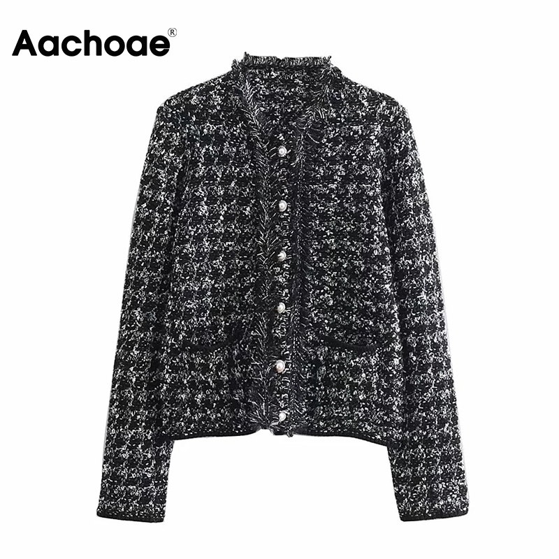 

Aachoae Women Elegant Plaid Coat Long Sleeve Vintage Tweed Jacket Pocket Tassel Stylish Chic Coat Outerwear Autumn Spring 201029