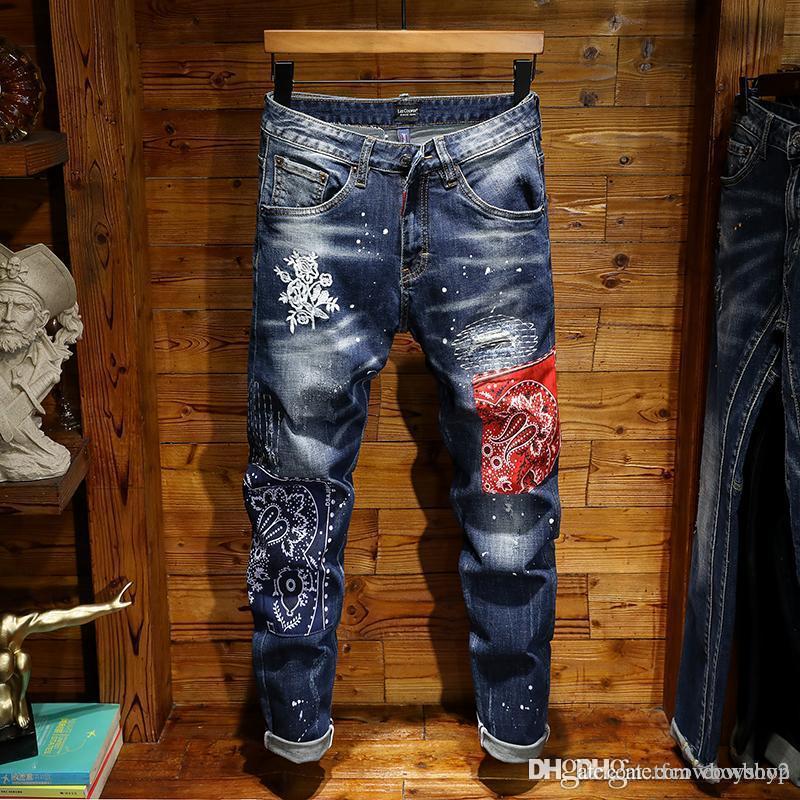 

Men's 2021 luxury designer jeans rock & roll revival straight tube classic square jeans skinny Patch Brand men's jeans, Blue