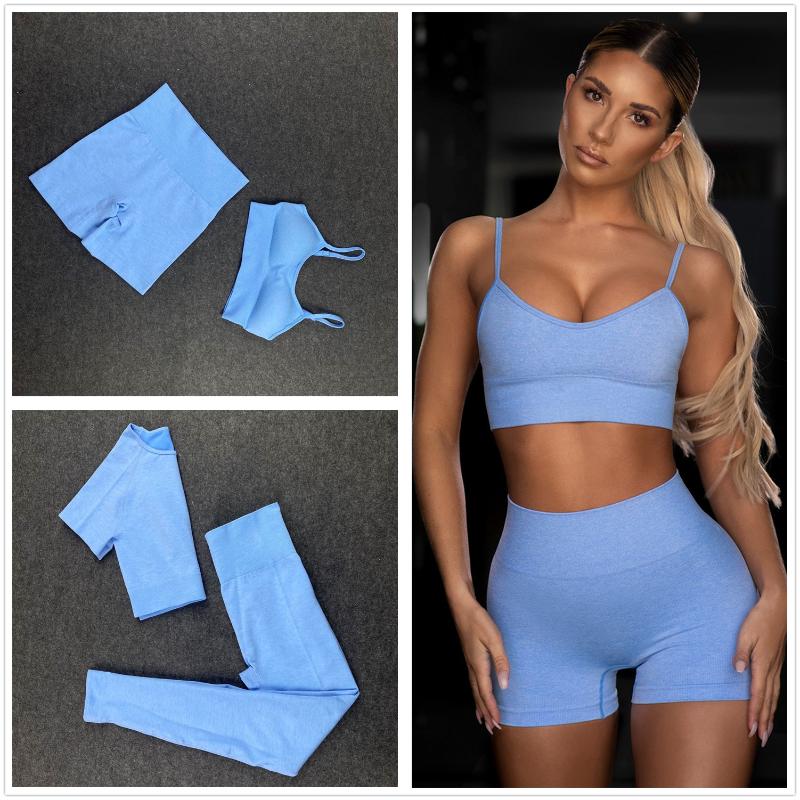 

Seamless Women Yoga Set Workout Shirts Sport Pants Bra Gym Clothing Short Crop Top High Waist Running Leggings Sports Set 2005, Bd200504