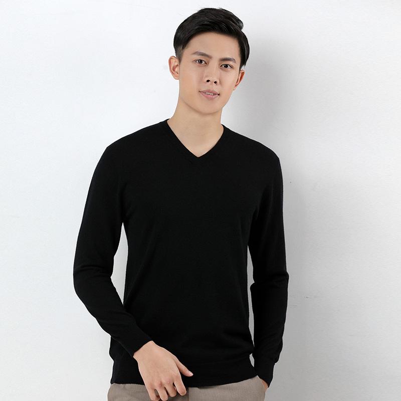 

100% Real Wool Knitted Sweaters Men Vneck Pullovers 4Colors Standard Clothes Male Jumpers High Quality Man Sweater Knitwears, Black