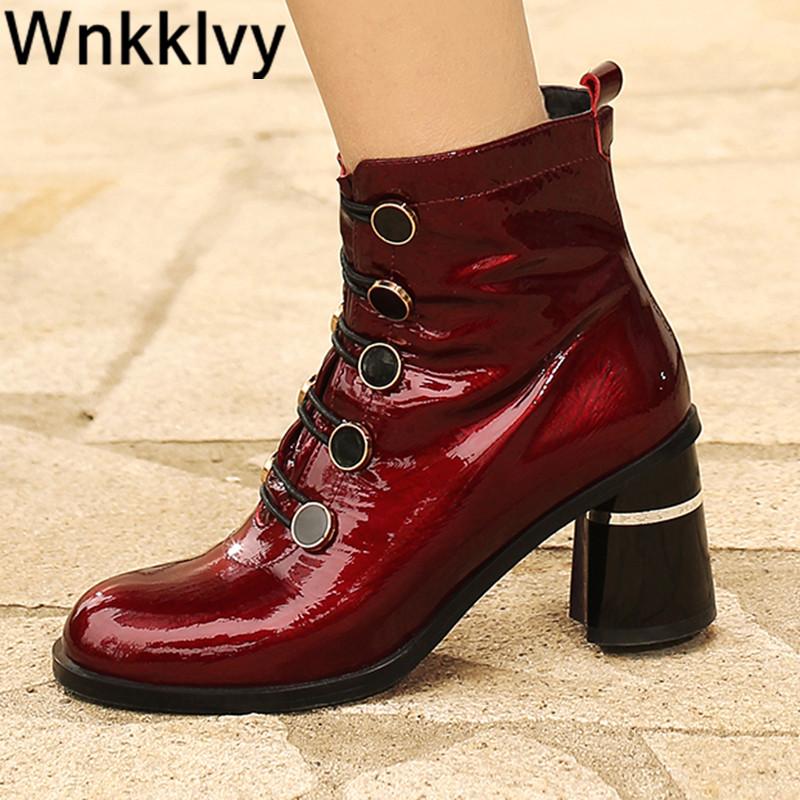 

Shiny leather boots women chunky high heels round toe metal button decor ankle botas sexy shoes short boots for ladies, Black