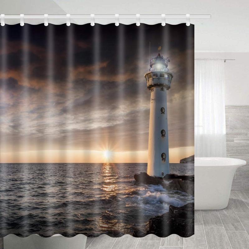 

Bath Room Fabric Shower Curtain Polyester with Shower Room Seaside Sunrise Decoration Lighthouse