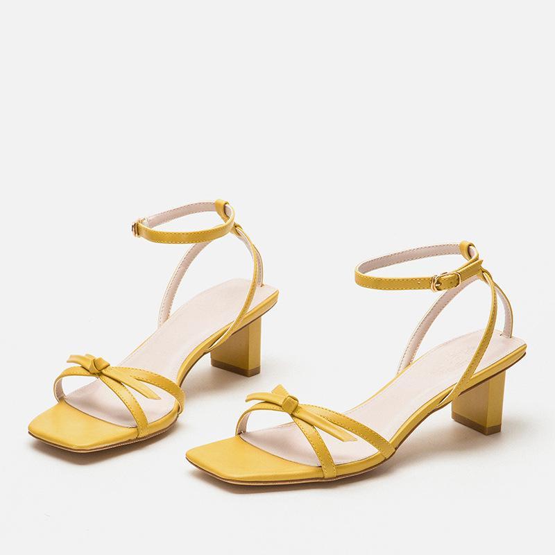 

2020 Summer New Fashion Shoes Women's Ankle Strap Sandals with bow Thick Heel Female Popular Sandals For Lady 41 size1, Yellow