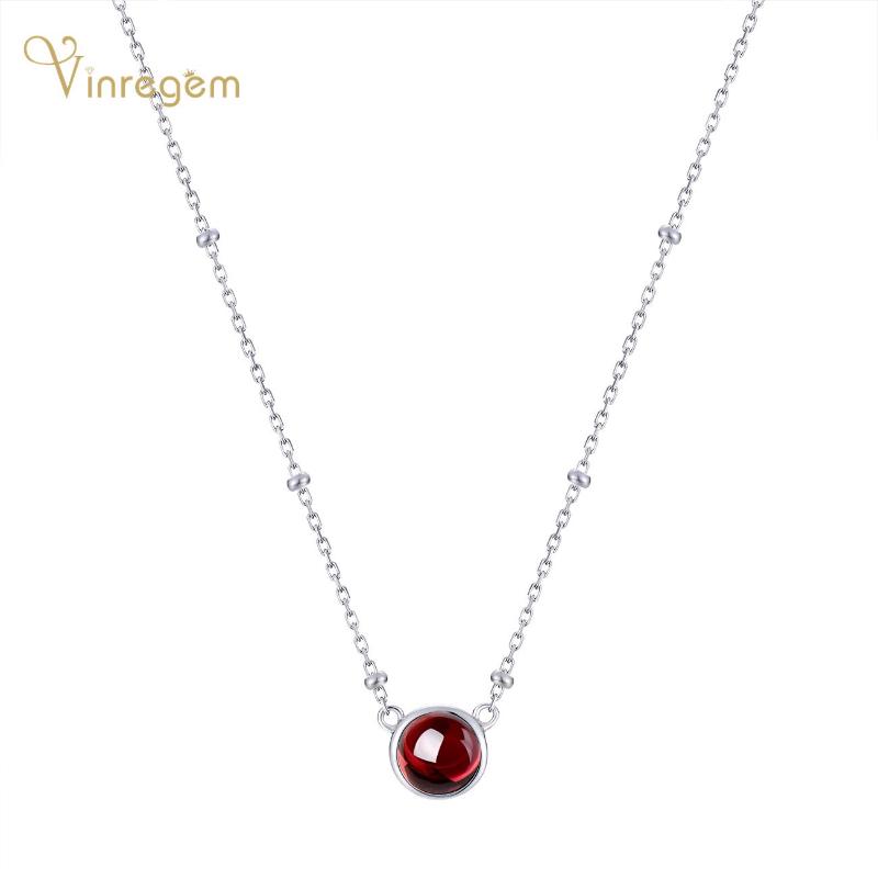 

Vinregem 100% 925 Sterling Silver Round Cut Garnet Gemstone Vintage Women Pendant Necklace Wedding Engagement Fine Jewelry Gift