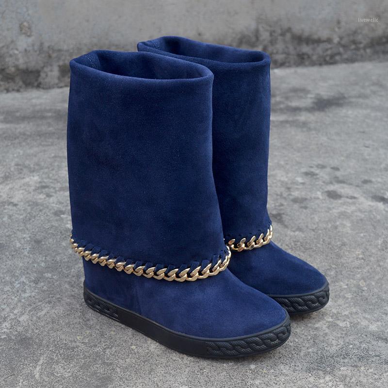 

Woman Navy Leather Platform Sole Inner Wedge Boot Rim Chains Increased Heels Mid-boot Real Pos1 Boots, Black
