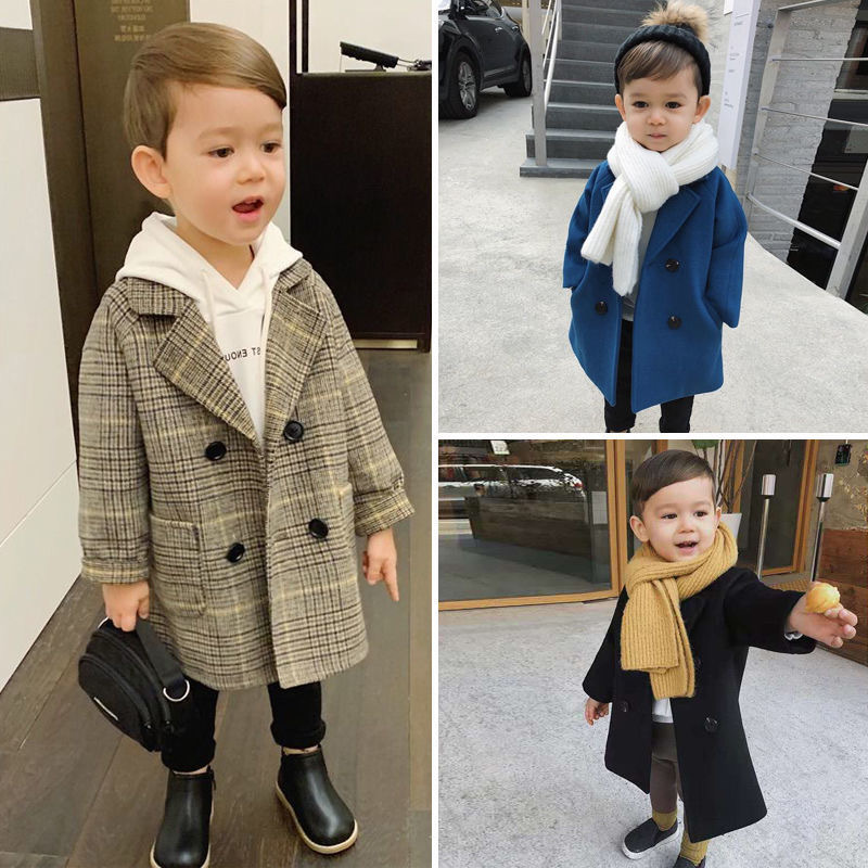

Baby Boy Girls Woolen Jacket Long Double Breasted Warm Infant Toddle Lapel Tweed Coat Spring Autumn Winter Baby Outwear Clothes LJ201125, Blue;gray