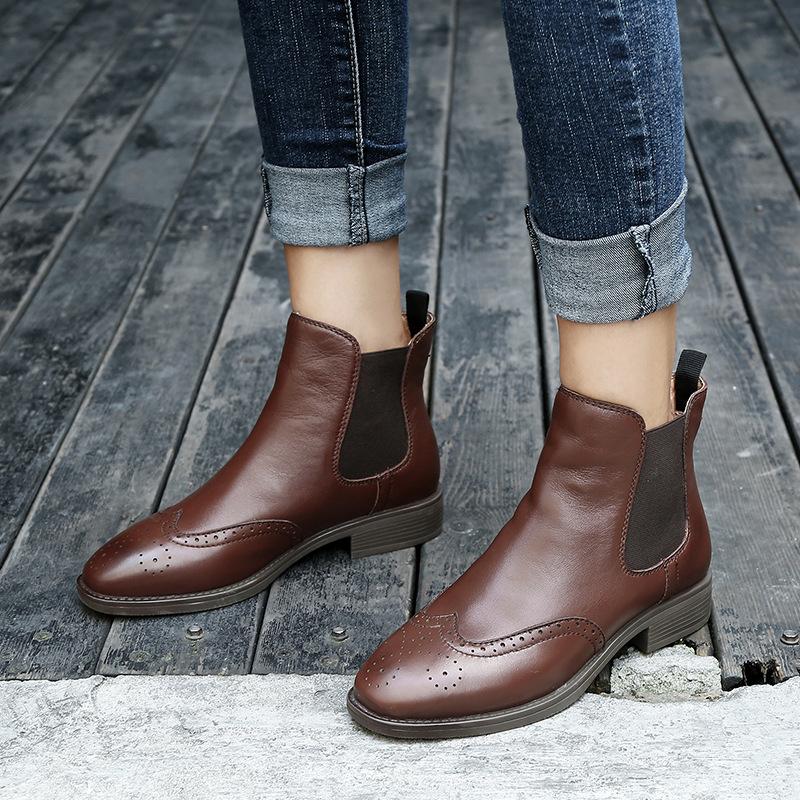 

Women Genuine Leather Ankle Boots Ladies Winter Shoes Platform Boots Low Heel 2020 New Design Free Shipping, Black