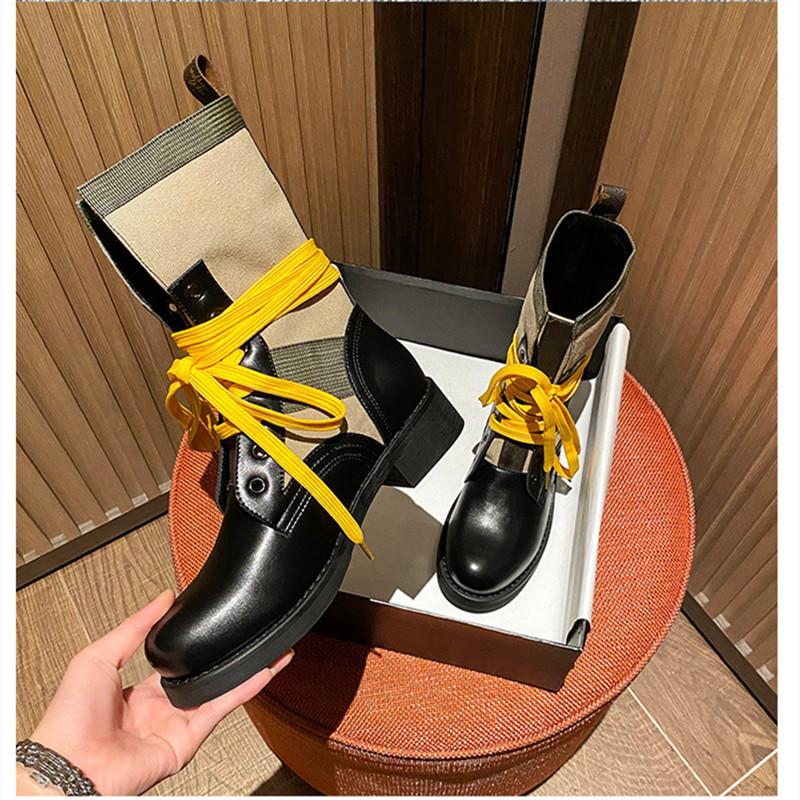 

Autumn Winter Women's Mixed Color Mid-calf Boots Med Heels Lace Up Round Toe Shoes N24, Leather lining