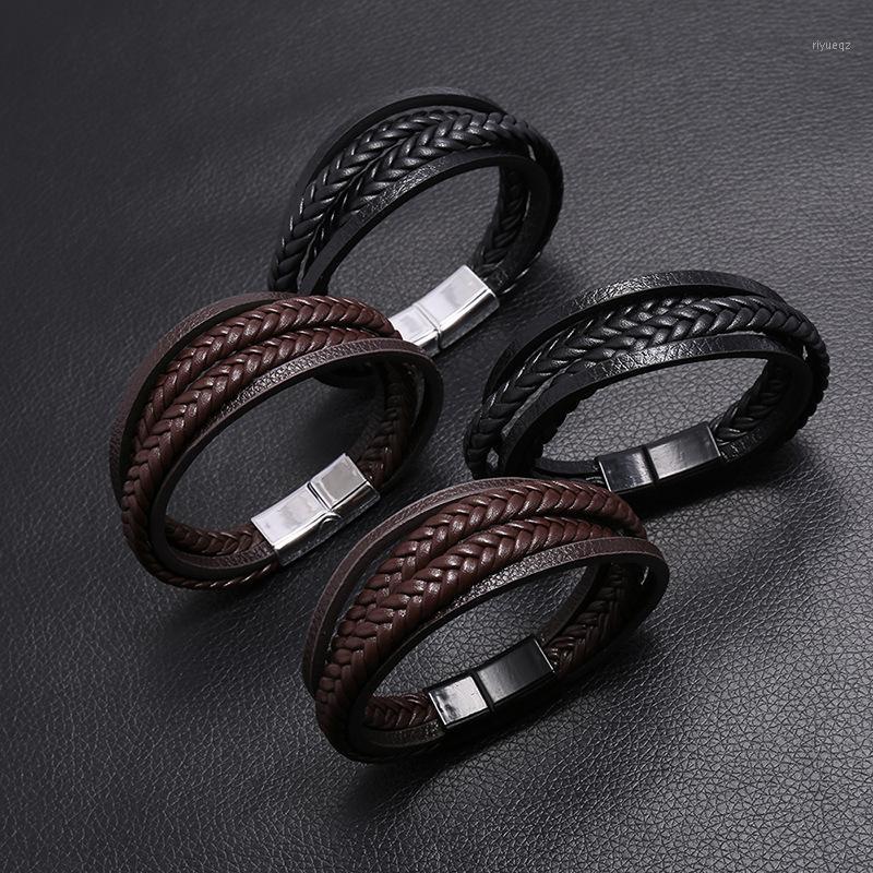 Charm Bracelets Braided Brown Color Leather For Men Armband Heren Trendy Steel Bangle With Magnetic Buckle-image-747885381