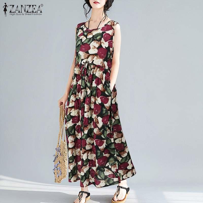 

2020 ZANZEA Summer Beach Party Sundress Fashion Bohemian Printed Dress Women Casual Sleeveless Maxi Vestido Female Tunic Robe, Yellow