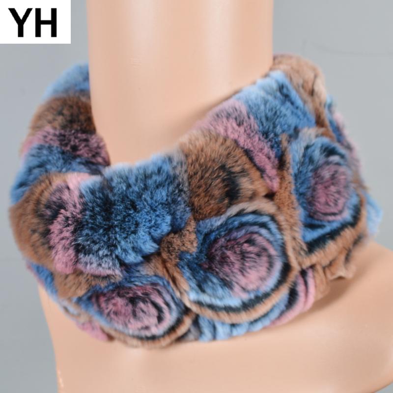 

New Women Real Rex Fur Scarf Short Style Knitted Flowers Real Rex Fur Neckerchief Genuine Ring Scarves
