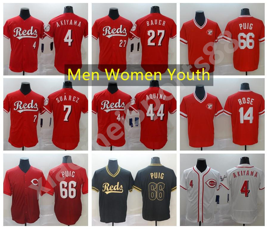 

Men Women Youth Cincinnatis Reds Jersey 4 Shogo Akiyama 7 Eugenio Suarez 27 Trevor Bauer 44 Aristides Aquino Baseball Jersey, As shown in illustration