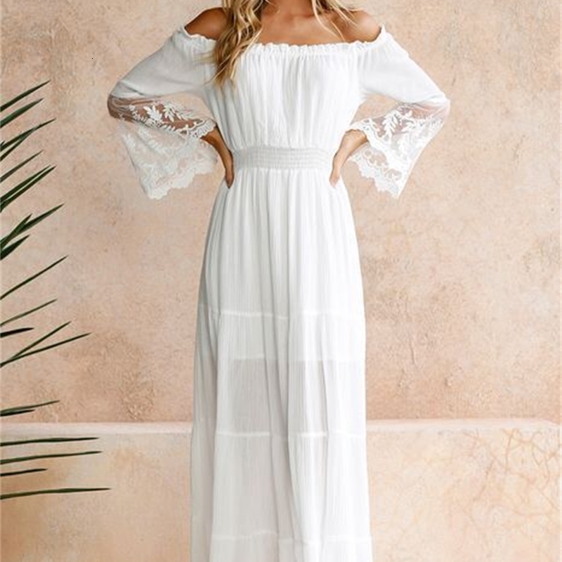

2021 New Plus Size Summer Sexy Off the Shoulder Lace Casual Beach Women Bohemia Boho White Wedding Party Long Maxi Es Ml24, Blue