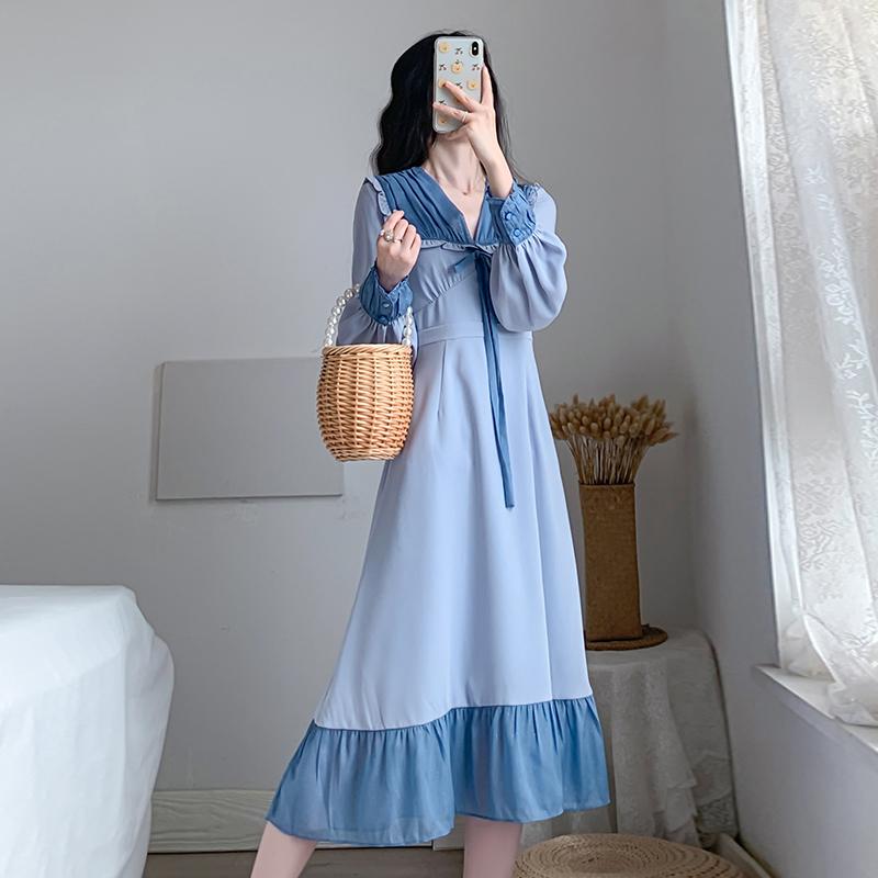 

Patchwork Plus Size Autumn Vintage Sweet Women V-neck Lantern Sleeve Dress Casual High Quality Female Dresses Prairie Chic, Blue