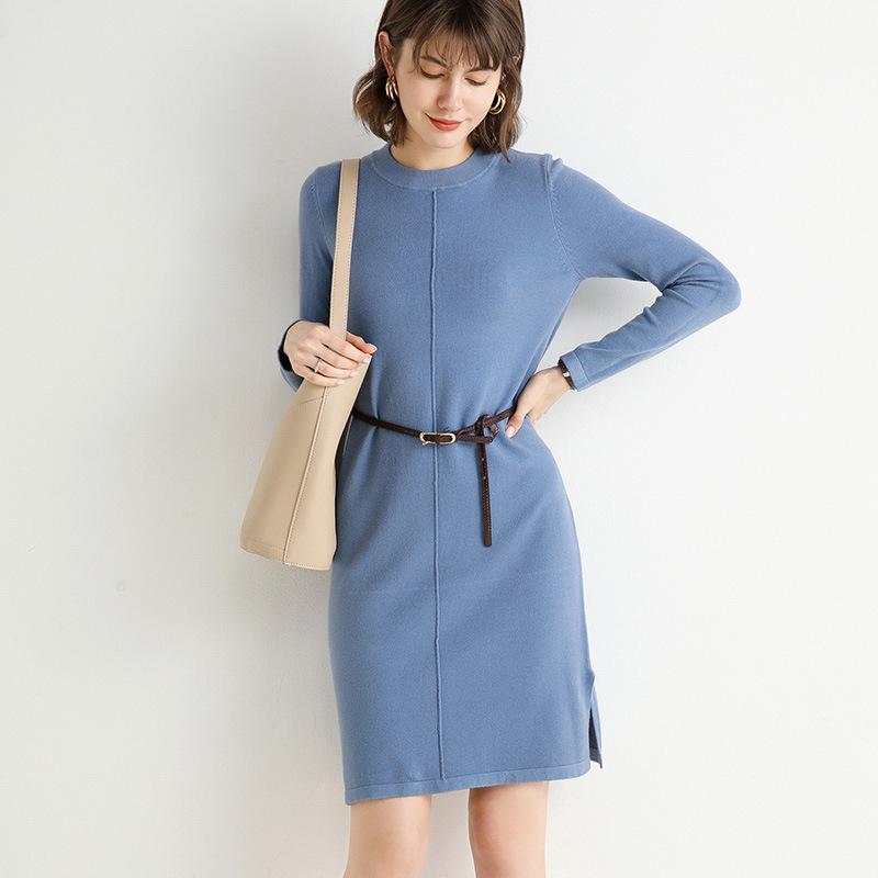 

New Autumn Winter Women Knitted Dress Round Neck Turtleneck Sweater Dresses Lady Slim Long Sleeve Bottoming Dress, Black