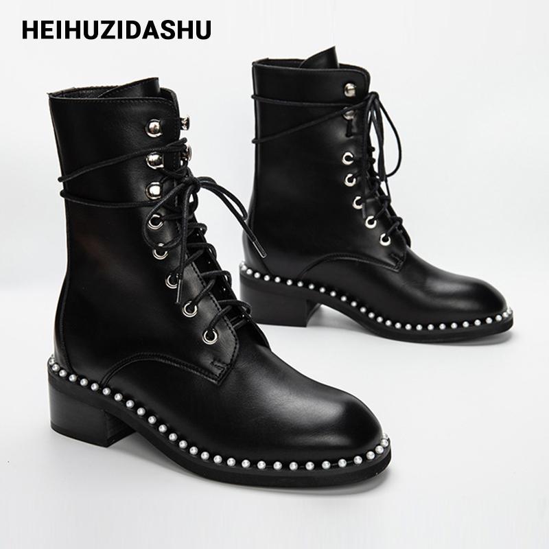 

Pearl rim ankle boots women Silver metal buckle lace-up Chunky boots women 2020 Fashion Warm Winter with short plush, Black plush lining