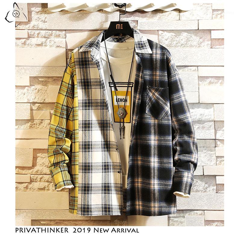 

Men Patchwork Plaid Shirt Autumn Cotton Three-color Pocket Shirt 2020 Mens Japanese Streetwear Causal1, Red(asiansize)