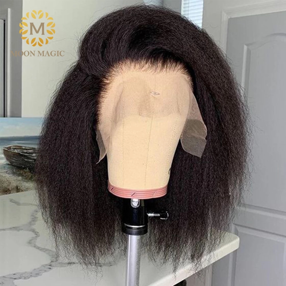 

Kinky Straight Wig Bob Lace Front Wigs Short Bob Wig Full Lace Front Human Hair Wigs Preplucked Lace Wig 150% Density, Natural color