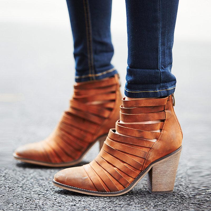 

Girl's Retro Leather Straps Fasten Women Punk Ankle Boots Chunky High Heels Ladies Spring Pointed toe Street Boots, As pic