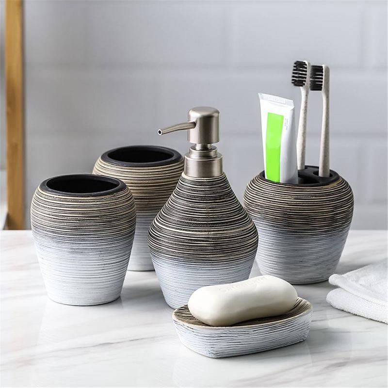 

Retro Ceramic Bathroom Accessories Set with Tray Toothbrush Holder Soap Dispenser Lotion Shampoo Bottle Mouthwash Cup Storage