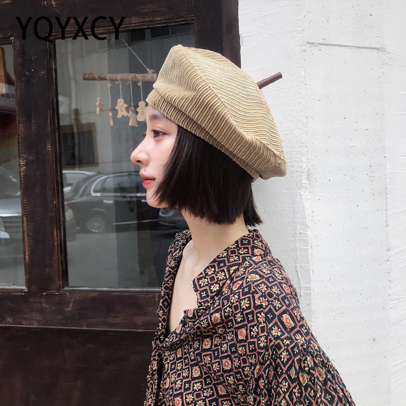 

YQYXCY Autumn Winter Hats For Women Corduroy Beret Women Solid Stripe Beret Femme Vintage Painter Hat Cap Gorras Flat Cap, Black