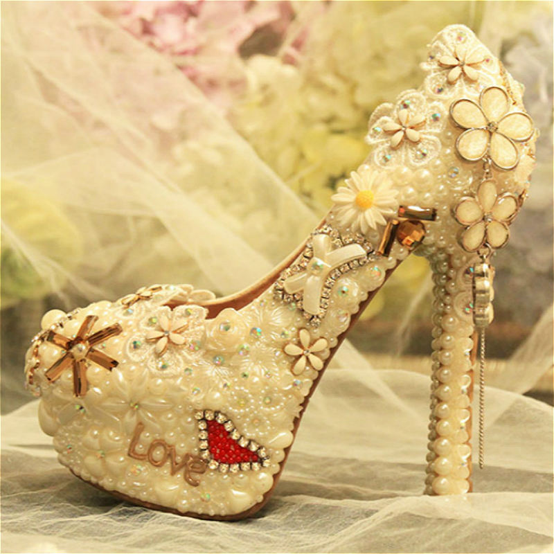 

Marriage Free Womens Pearl Flower Apply Pumps Round Toe Bride High Female Heels Beige Party Shoes Cvhi, Beige 12cm heel